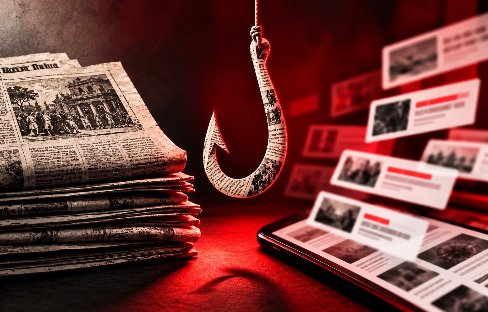 Dramatic red-and-black editorial thumbnail with antique newspapers, a newspaper-textured hook, and blurred digital news cards; no people and no added headline text.