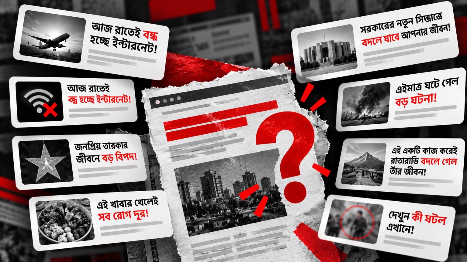 কালো-সাদা সংবাদ শিরোনামের কার্ড, কেন্দ্রে লাল প্রশ্নচিহ্ন এবং সংবাদপত্রের কোলাজ; কোনো মানুষ বা বড়শি নেই।
